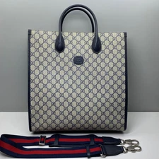 古驰Tote手提包斜挎包(蓝色复古格子带红色和蓝色条纹肩带)-