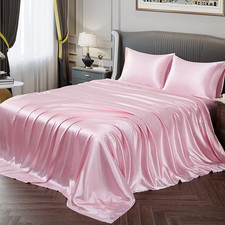 Set Di Lenzuola in Raso Rosa per Letto Matrimoniale XL, 1 Lenzuolo Con Angoli Pr
