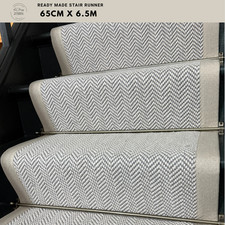Carpet Stair Runner 6.5M X 65cm Grey Herringbone With Beige Taped Edge