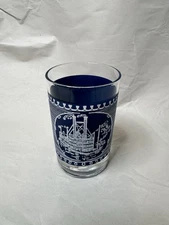 Vintage Currier Ives 1 Frosted White on Blue 50’s Juice Glass Tumbler Steamboat