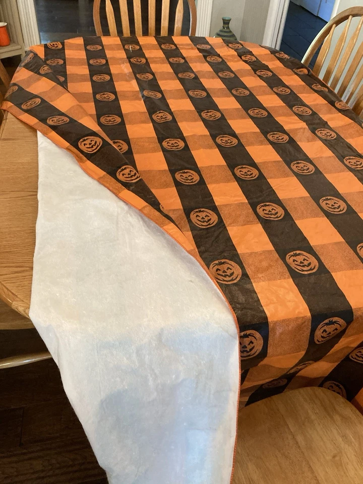 Huge Halloween Vinyl Tablecloth 51 X 88 Orange And Black With Pumpkins - Image 2 of 2