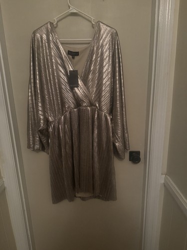 Eloquii Women’s Plus 20 Silver Pleated V-Neck Long Sleeve Fit & Flare Dress