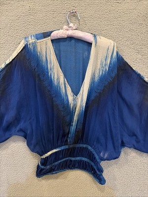 Roberto Cavalli VTG Y2K Blouse Blue Psychedelic Medium Shoulder Ties Smock Waist