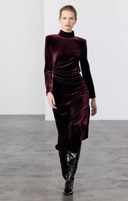 Zara Draped Open Back Velvet Midi Dress Size S Side Slit Blogger Fave Burgundy
