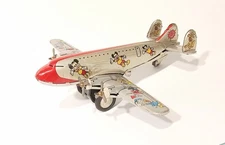 DISNEY 1950 LINEMAR MICKEY MOUSE JAPAN TIN FRICTION TOY AIRPLANE GOOFY SCARCE 