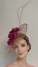 Kentucky Derby Ascot Gold Mesh and Pink Flowers Large Fascinator Headband