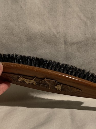 Vintage Clothes Bristle Brush 15 inches long Carved Wood Scottie Dogs