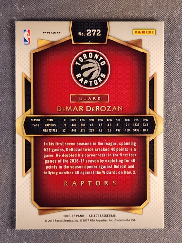 2016-17 Panini Select #272 DeMar DeRozan Courtside Silver Prizm SSP Rare - Picture 2 of 2