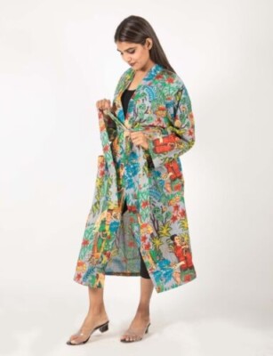 Indian Gray Cotton Robes Long Kimono Sleepwear Frida Kahlo Night Suit Kimono US