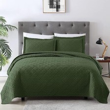 Full Size Queen Olive Green Comforter Set 3 Piece Square Pattern Bedspread Set