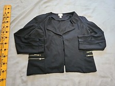 Chicos Womens Jacket Size 2 Black Open Stretchy Pockets Blazer Ribbed Gold Zip