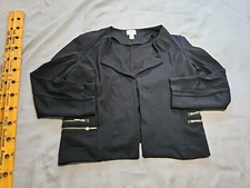 Chicos Womens Jacket Size 2 Black Open Stretchy Pockets Blazer Ribbed Gold Zip