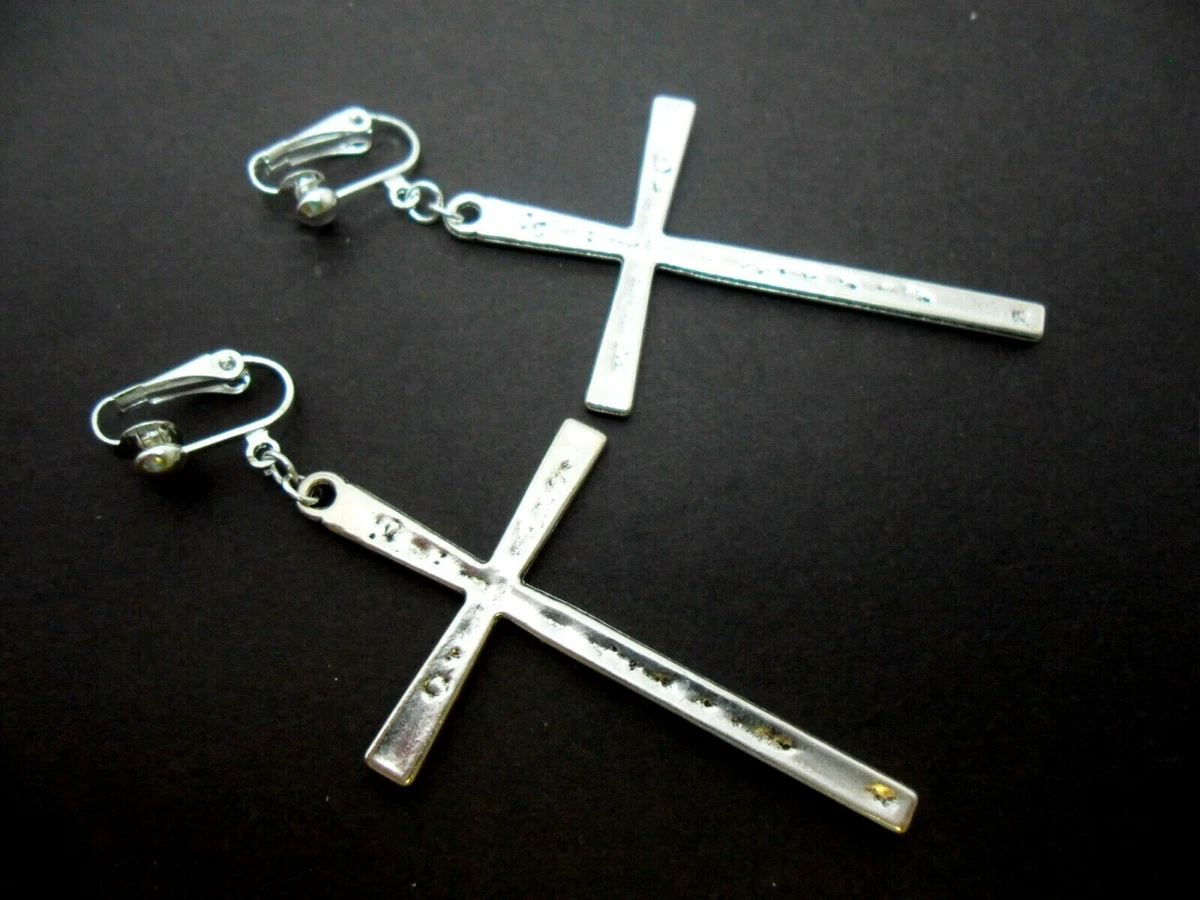 2 Paia Di Orecchini Lunghi A Croce Vintage In Acciaio Inox, Colori Argento E Nero, Stile Gotico Punk, Gioielli Donna