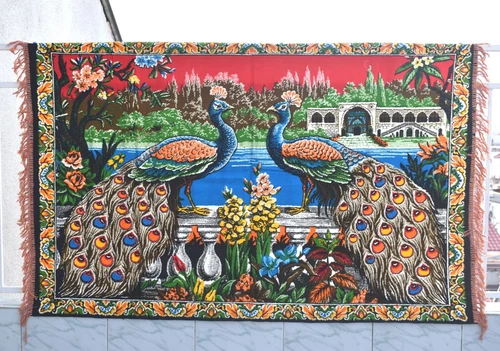 Vtg 60" x 38" Velvet Plush Wall Rug Carpet Tapestry Blanket Peacock