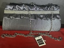 Clutch Purse Bijoux Terner - Gray Satin Beaded - Chain Strap - Kiss Lock NEW