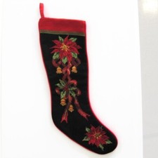 Needlepoint Christmas Stocking Victorian Poinsettia Wool 20" Velveteen Back