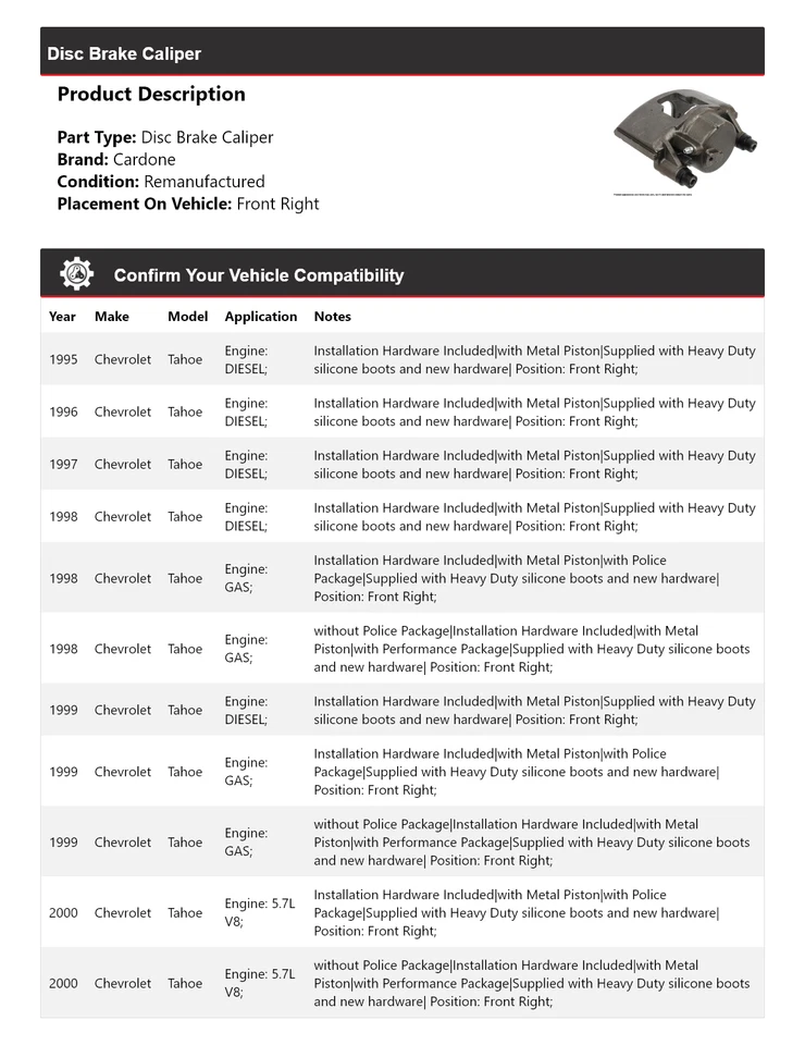 For 1995-2000 Chevrolet Tahoe Disc Brake Caliper Front Right Cardone 1996 1997 - Image 2 of 4