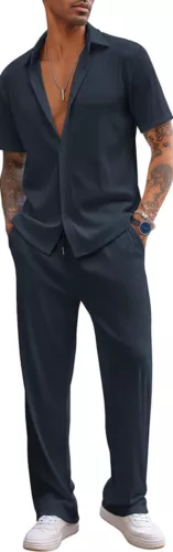 Men Outfit 2-Piece Set Half Sleeve Button Shirt and Pants Sweatsuit Set - Picture 30 of 30
