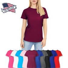 SHORT SLEEVE CREW NECK Basic Women T-Shirt Cotton Long Top Fitted Plain Stretch