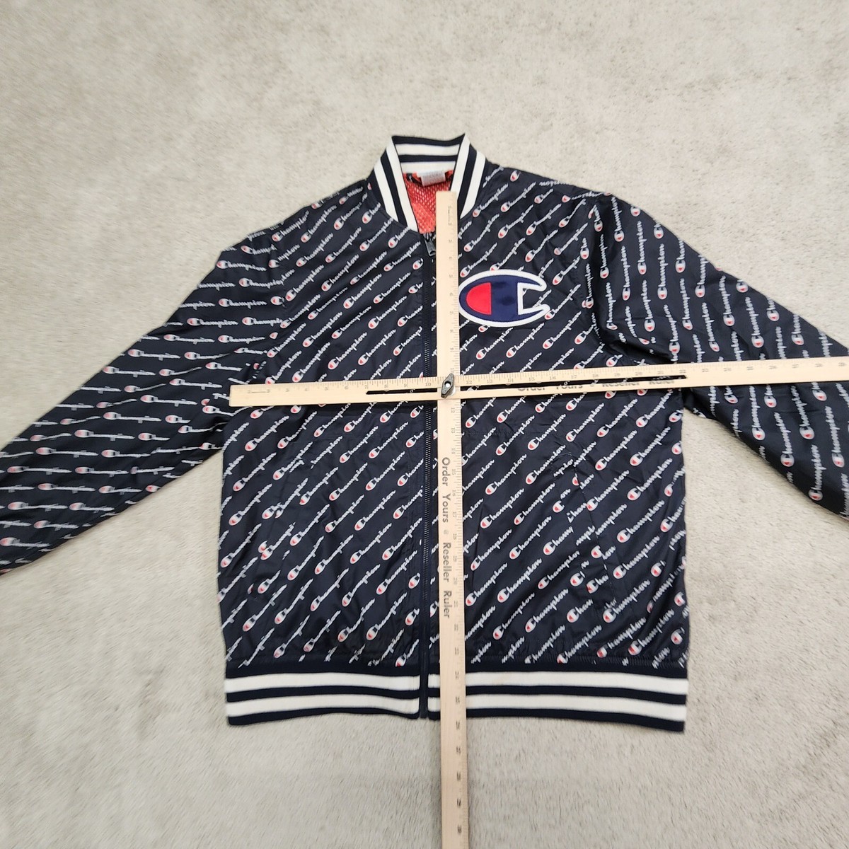 CHAMPION Satin Bomber Jacket Mesh Lined All-Over Logo Mens