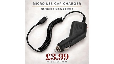 Micro USB Car Charger 1A for Alcatel 1 1S 3 3L 5 Pixi 4 1B 1C 3X Coiled Cable