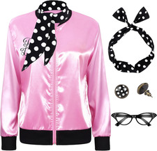 5 Pieces 1950S Women Pink Satin Jacket with Polka Dot Scarf Headband Earrings Ey