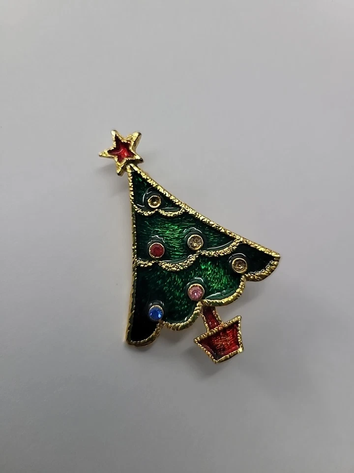 Broche de árbol de Navidad Beatrix vintage esmalte verde tono dorado prendedor navideño firmado Foto 2 de 4