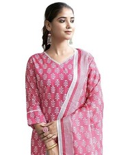 Women's Cotton Floral Printed Straight Kurta Pant with Dupatta Handblock print