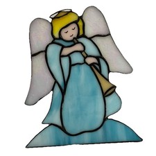 Vintage Stained Glass Angel Freestanding Sun Catcher Blue White Iridescent Swirl