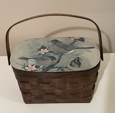 Vintage Woven Wood Basket Purse - Hand Painted Lid Robins, Flowers  Butterfly