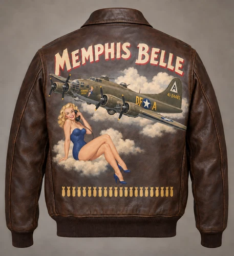 Memphis Belle Men's Genuine Leather A2 Bomber Jacket WWII Nose Art - product listing photo