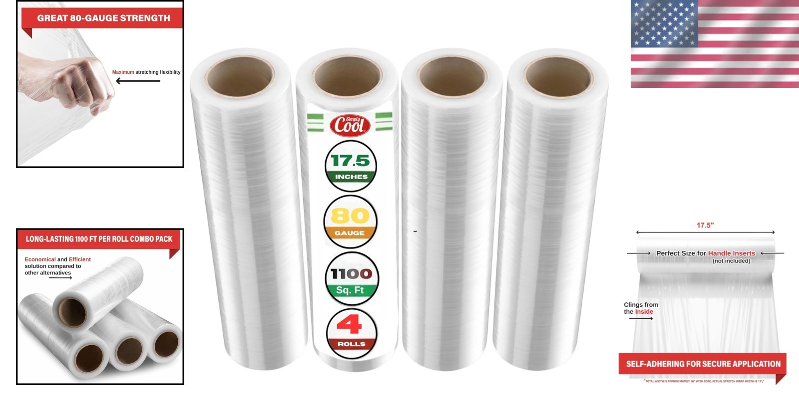 Durable 4-Pack Stretch Wrap - 17.5" Clear Industrial Film for Moving Supplies