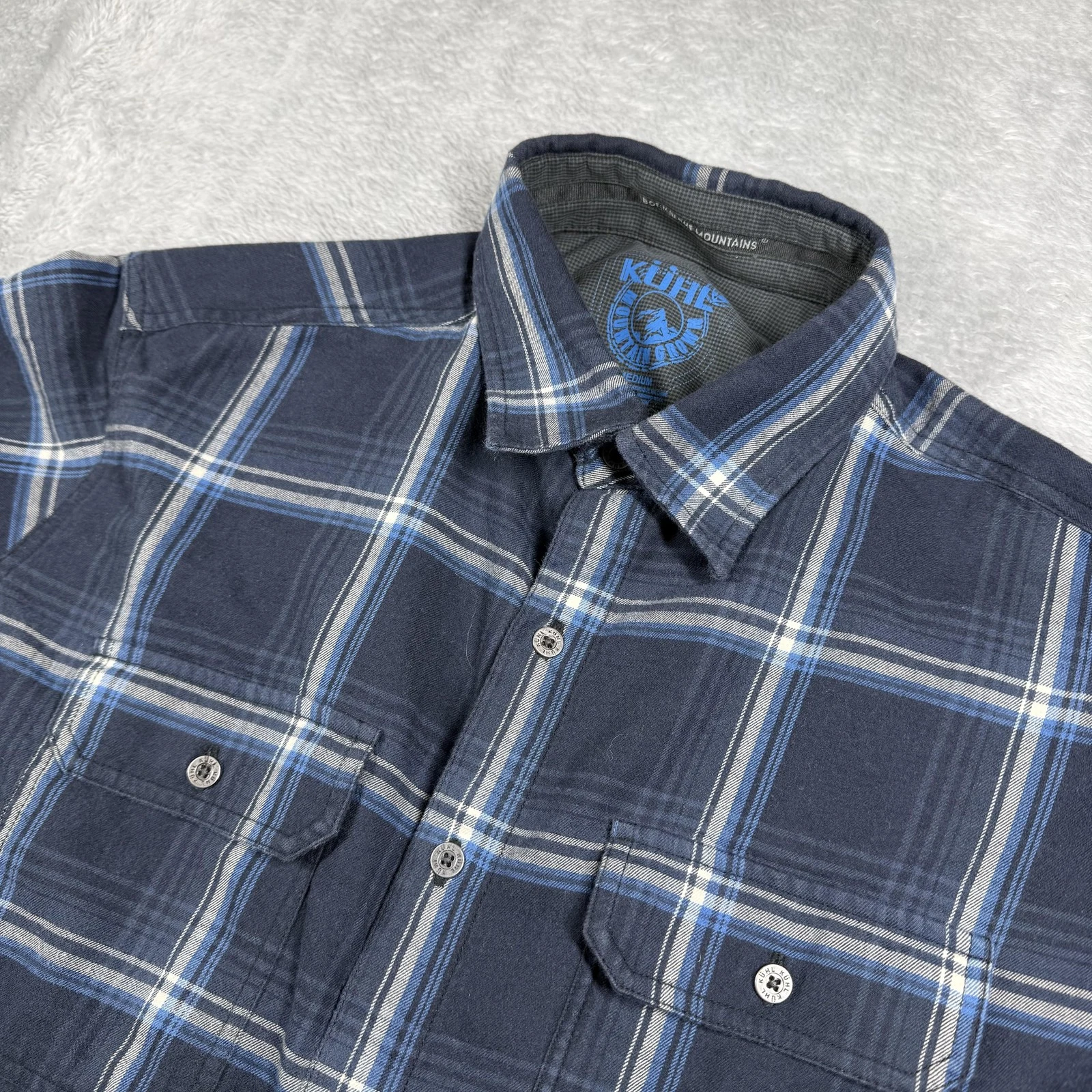 Kuhl Shirt Mens Medium Blue Plaid Flannel Outdoor Hiking Merino Wool Blend
