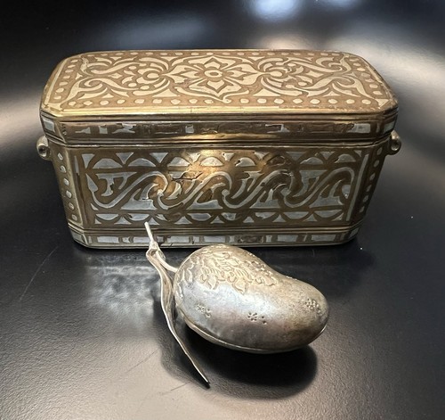 Antique Asian Brass Inlay Betel Nut Box;Intact Internal Lids And Silver Nut Case