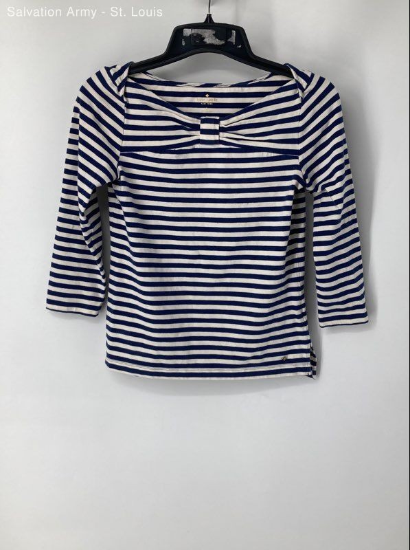 Kate Spade Womens White Blue Striped Bow 3/4 Sleeve Pullover T-Shirt Size M