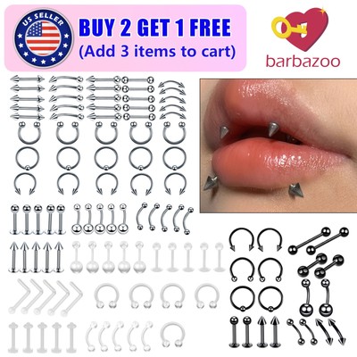 110PCS 16G Mixed Body Piercing Kit Surgical Steel Tongue Eyebrow Nose Lip Ring