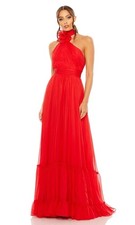 Mac Duggal Dress Runway Classic Red Halter Neck Style Rose Details US4 Authentic