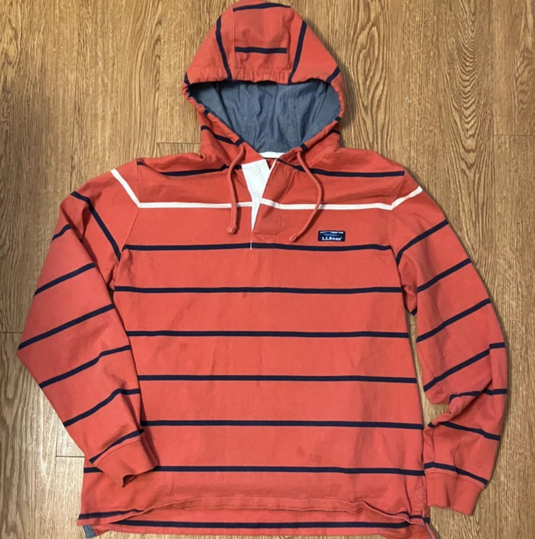 L.L. Bean Hooded Rugby Shirt Mens Large Coral Orange Striped Long Sleeve Hoodie