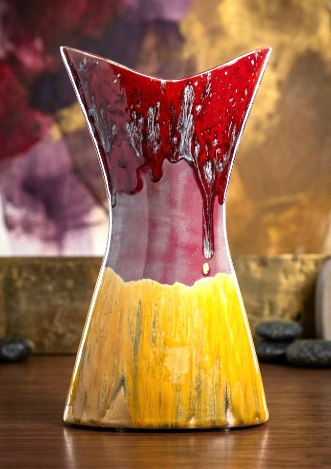 Art Pottery Diabolo Vase 11.5” Red Yellow Drip Glaze MCM Vintage Mid Century