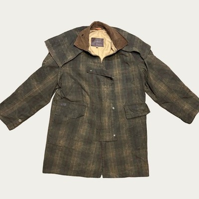 Men's Husky of Tostock Vintage Waxed Plaid Green Trench Coat Jacket Size S 