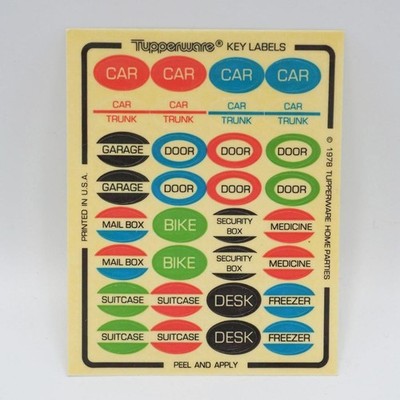 NOS Tupperware Retro Key Labels Stickers Sheet 1978 Printed in USA