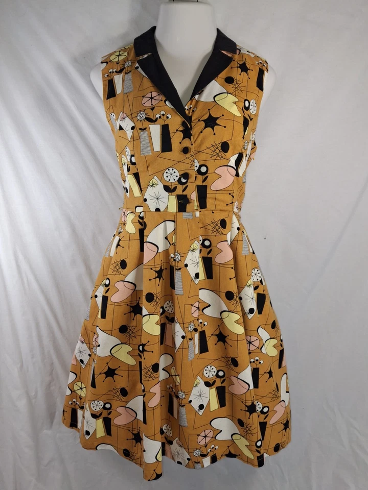 Modcloth X Dupenny Cotton Dress XLarge XL MCM Atomic Mod Gold Black Fit & Flare - Image 3 of 4
