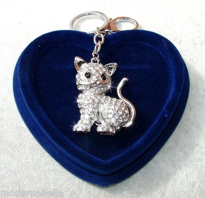 Porte-clés Charm Chat 3D Avec Pompon Et Strass Multicolore – Neuf Avec étiquettes