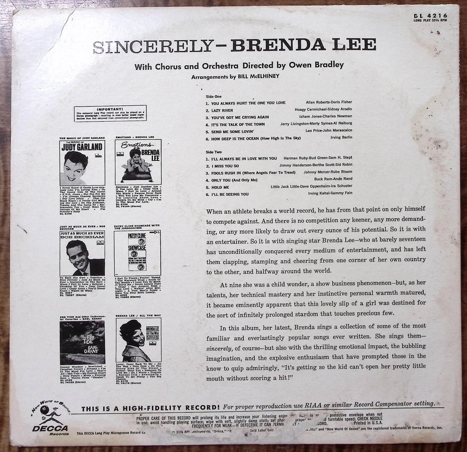 BRENDA LEE SINCERELY, BRENDA LEE DECCA RECORDS VINYL LP 202-45 - Image 2 of 4