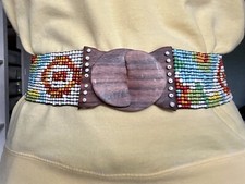 Vintage Multicolor Beaded Southwestern Stretch Belt With Wooden Closure