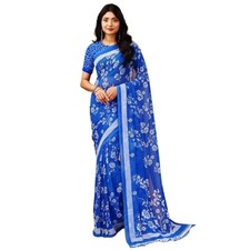 TBS Blue Floral Chiffon Printed Saree Party Wear Indian Pakistani Designer Sari