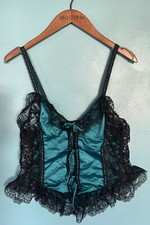 Vintage Shiny SATIN Teddy LACE Chiffon LINGERIE Teal Bustier Look Size M L