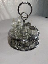 Vintage Silverplate Condiment Cruet Caddy with 5 Glass Jars Shakers Stoppers