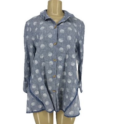 NEW JOHN MARK Medium Women Blue Chambray Linen Polka Dots Button Down Shirt A202
