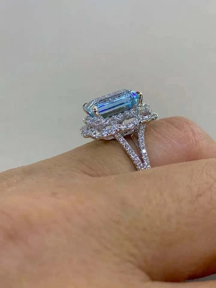 3 Ct Emerald Cut Aquamarine & Diamond 14K White Gold Finish Halo Engagement Ring - Image 4 of 4